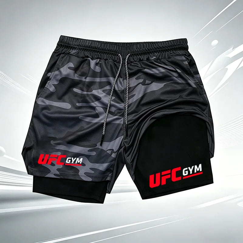 Men's UFC GYM 2-in-1 Compression Shorts Quick Dry Breathable Running Gym Training Shorts with Built-in Liner and Logo wx215