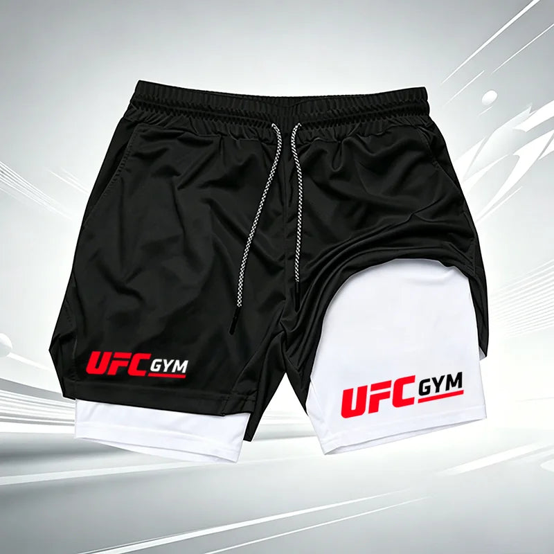 Men's UFC GYM 2-in-1 Compression Shorts Quick Dry Breathable Running Gym Training Shorts with Built-in Liner and Logo wx215