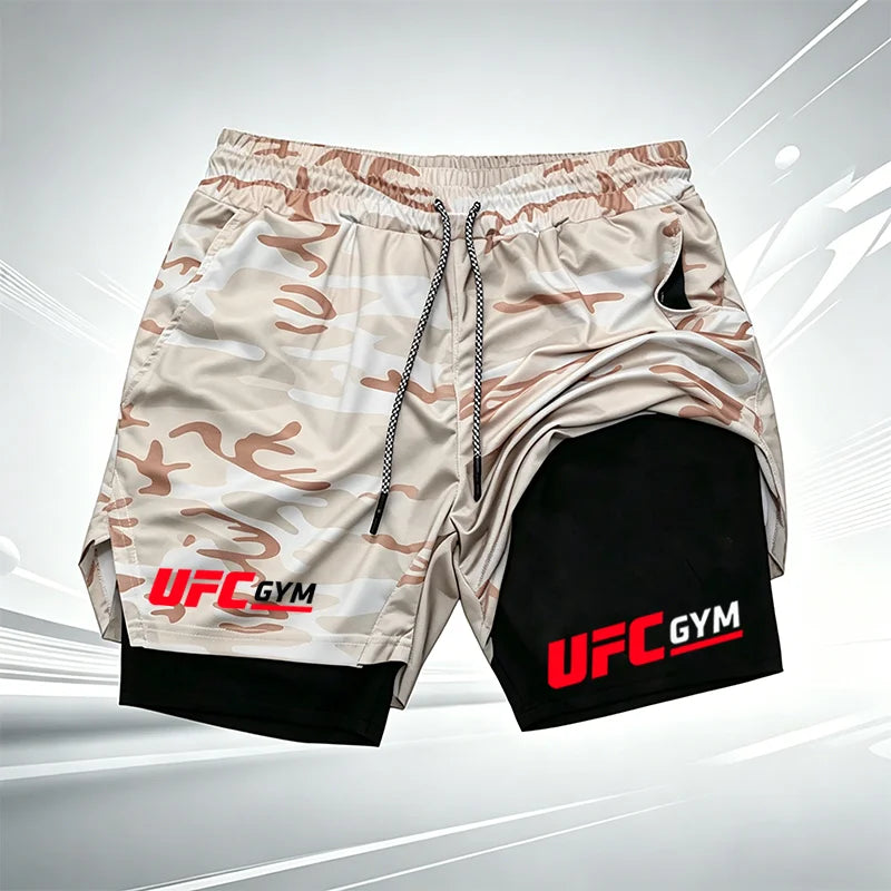 Men's UFC GYM 2-in-1 Compression Shorts Quick Dry Breathable Running Gym Training Shorts with Built-in Liner and Logo wx215
