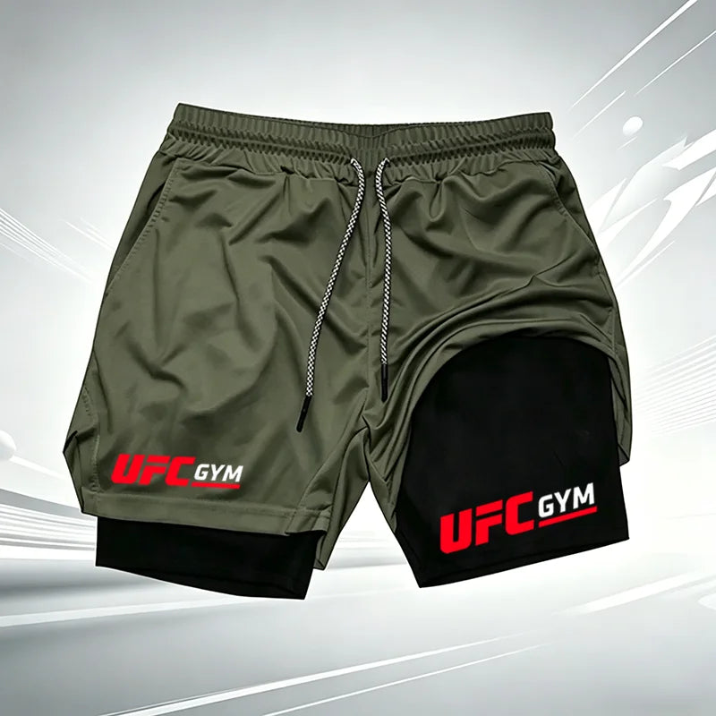 Men's UFC GYM 2-in-1 Compression Shorts Quick Dry Breathable Running Gym Training Shorts with Built-in Liner and Logo wx215