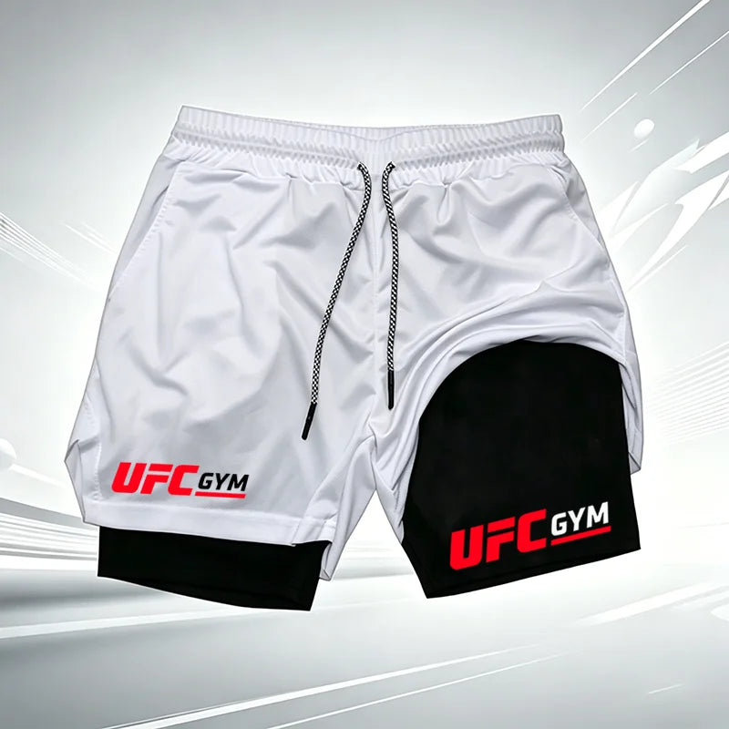 Men's UFC GYM 2-in-1 Compression Shorts Quick Dry Breathable Running Gym Training Shorts with Built-in Liner and Logo wx215